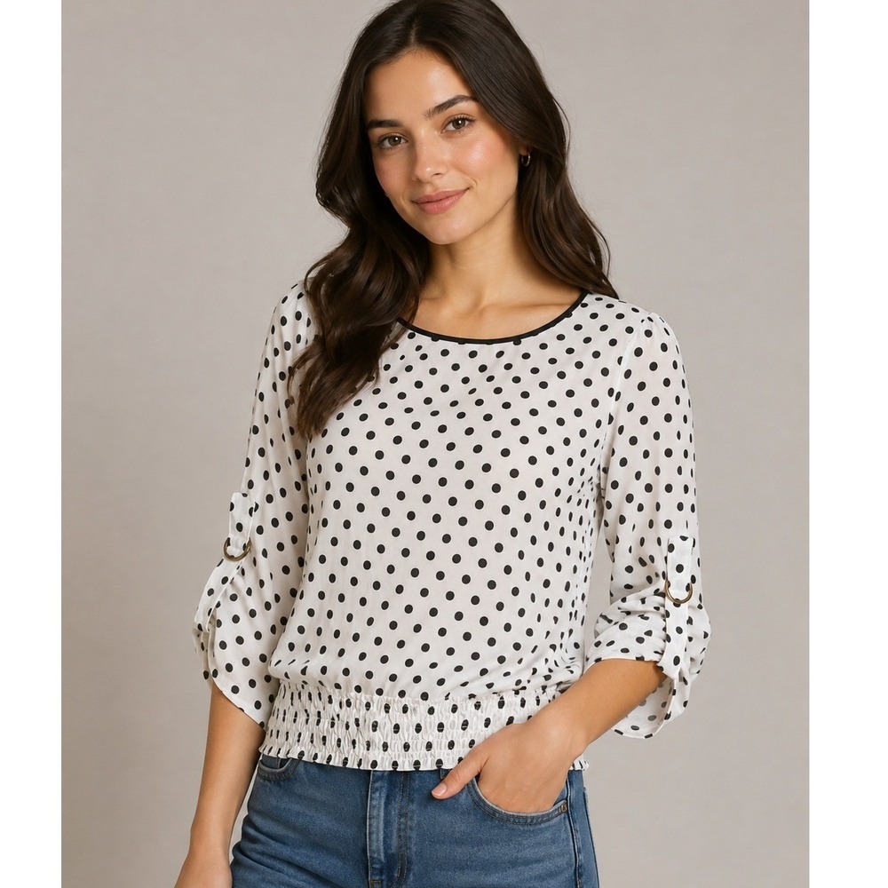 Michael Kors Blouse White Black Polka Dot Smocked Waist Roll Tab Sleeve Office S